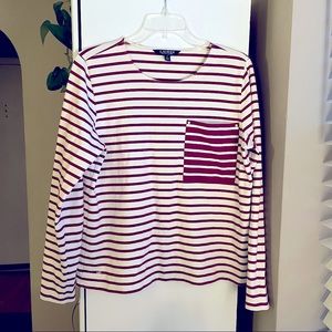 Medium burgundy/white striped top, thick material